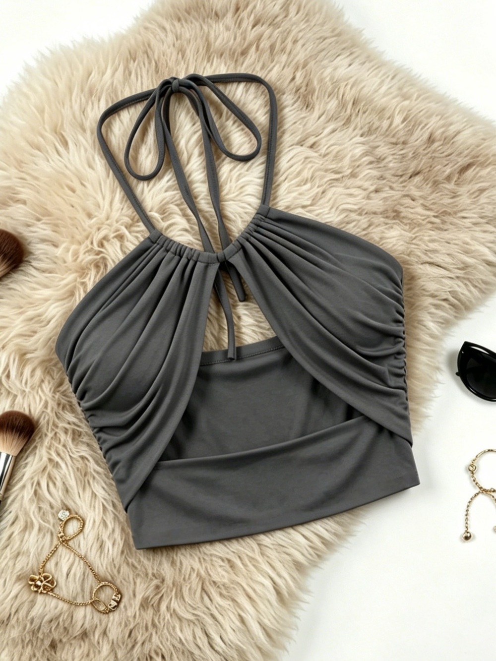 Women Halter Top Cutout Ruched Crop Cami Top